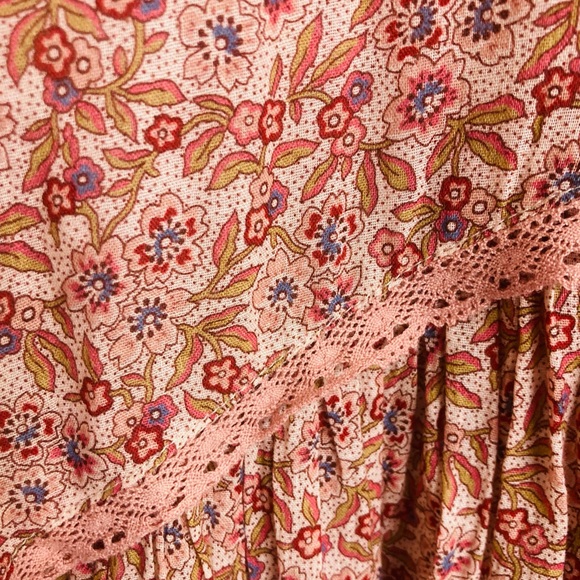 Sundance orange & brown floral print lace trim asymmetric flounce maxi dress. S - Picture 4 of 8